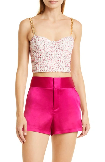 Shop Alice And Olivia Cristi Chain Strap Tweed Crop Bustier Top In Off White/ Raspberry