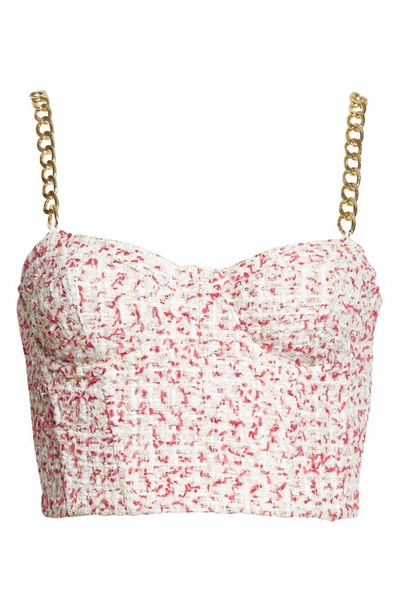 Shop Alice And Olivia Cristi Chain Strap Tweed Crop Bustier Top In Off White/ Raspberry