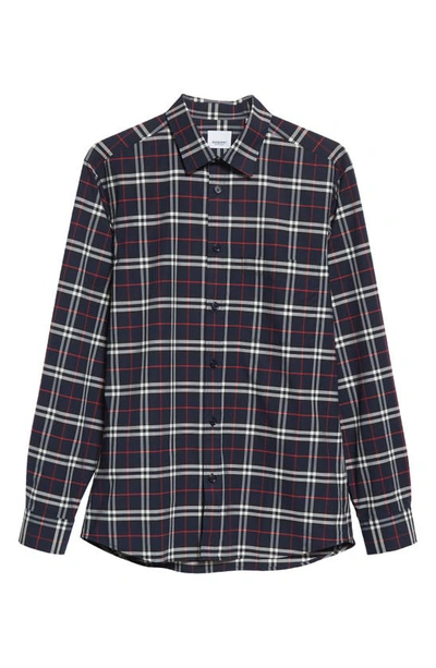 Shop Burberry Simpson Plaid Stretch Button-up Shirt In Navy Ip Check