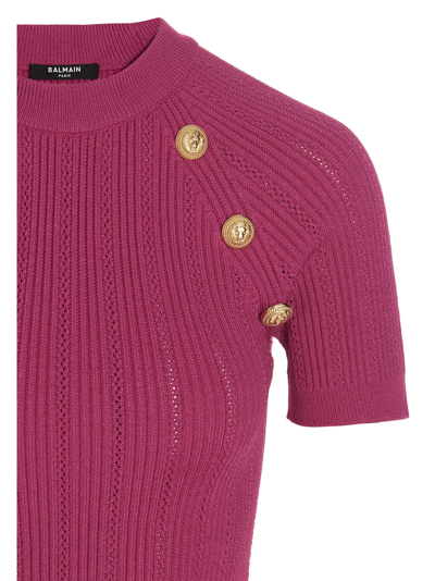 Shop Balmain Button Openwork Sweater In Fuchsia