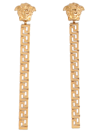 Shop Versace Greca Pendant Earrings In Gold