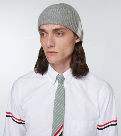 Shop Thom Browne Striped Cashmere Knit Beanie In Light Grey