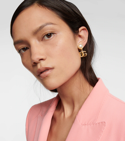 Dolce & Gabbana Logo Faux Pearl Earrings In Gold
