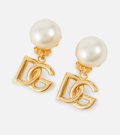 Dolce & Gabbana Logo Faux Pearl Earrings In Gold