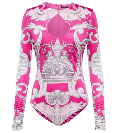 Shop Versace Printed Bodysuit In Fuxia+english Rose