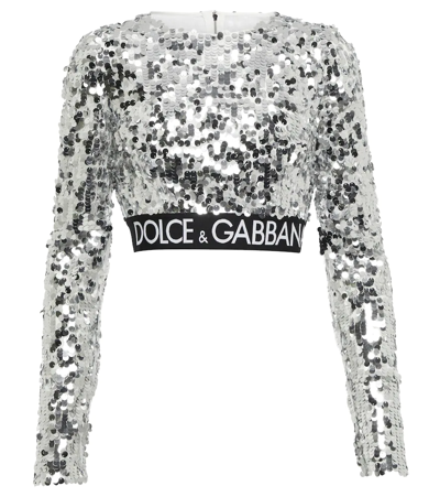 Shop Dolce & Gabbana Logo Sequined Crop Top In Argento