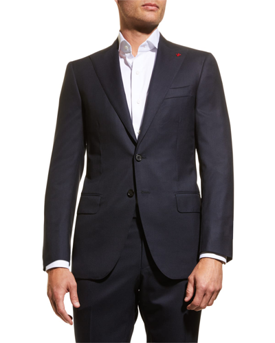 Shop Isaia Men's Micro-tic Wool Suit In Dark Blue