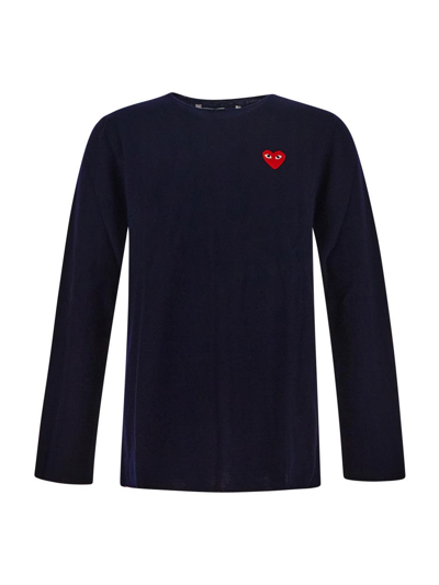 Shop Comme Des Garçons Play Embroidered Heart Knit Sweater In Blue