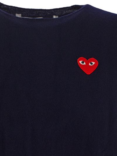 Shop Comme Des Garçons Play Embroidered Heart Knit Sweater In Blue