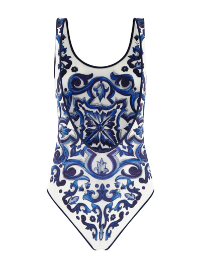 Shop Dolce & Gabbana Maiolica-print Swimsuit In White