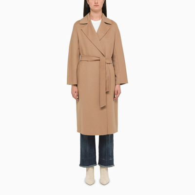 Shop Max Mara Long Camel-coloured Coat With Belt In Beige