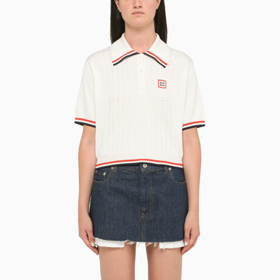 Shop Miu Miu White Short Sleeve Polo Shirt With Embroidery