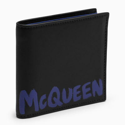 Shop Alexander Mcqueen Black And Blue Bi-fold Wallet With Logo