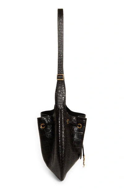 Saint Laurent Paris Vii Flat Croc Embossed Leather Hobo Bag In Nero