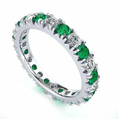 Pre-owned Jewelwesell Eternity Band Ring 1.90ctw Round Emerald & Diamond 10k White Gold In Green