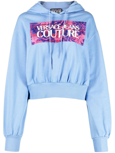 Shop Versace Jeans Couture Logo-print Cotton Hoodie In Blue