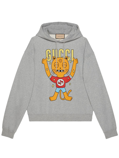 Shop Gucci Cartoon-print Slogan-print Hoodie In Grey