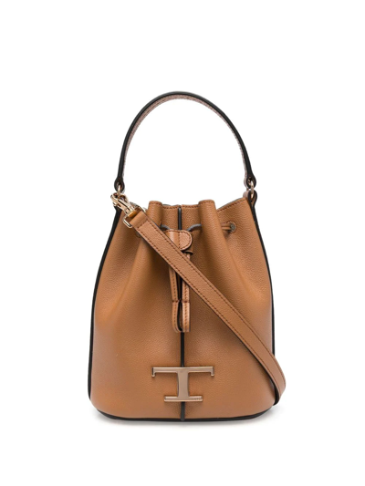 Shop Tod's Logo-charm Leather Bucket Bag In Braun