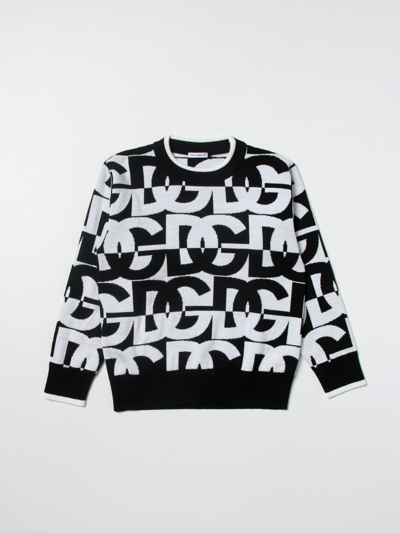 Dolce & Gabbana Black And White Logo Wool Sweater In Black