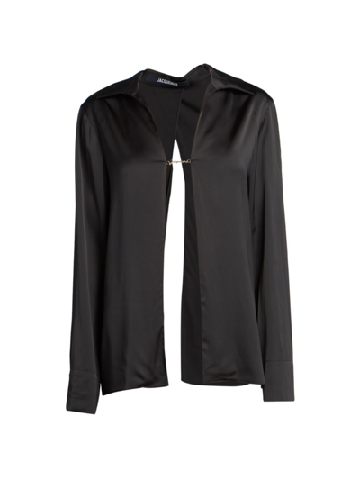 Shop Jacquemus Women's Logo-embellished Satin Blouse In Black