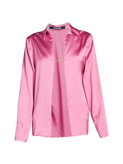 Shop Jacquemus Women's Logo-embellished Satin Blouse In Pink