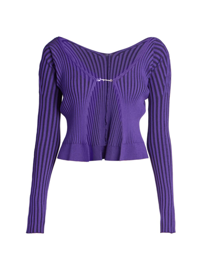 Shop Jacquemus Women's Ribbed Logo-embellished Cardigan In Purple