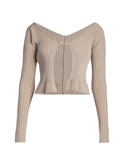 Shop Jacquemus Women's Ribbed Logo-embellished Cardigan In Dark Beige