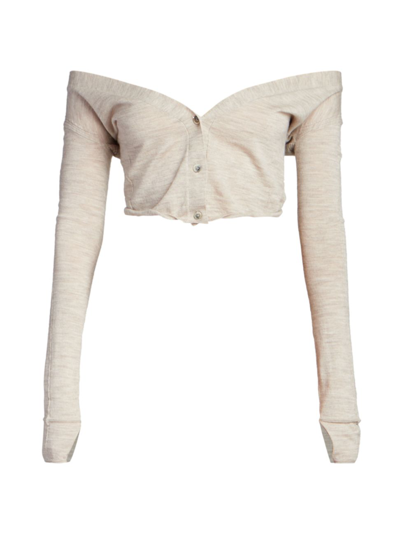 Shop Jacquemus Women's Cropped Off-the-shoulder Cardigan In Beige