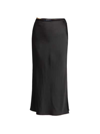 Shop Jacquemus Women's Satin Logo-strap Midi-skirt In Black