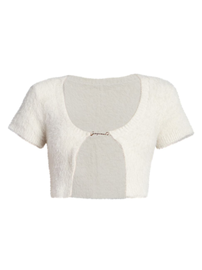 Shop Jacquemus Women's Cropped Open Logo-front Cardigan In Off White