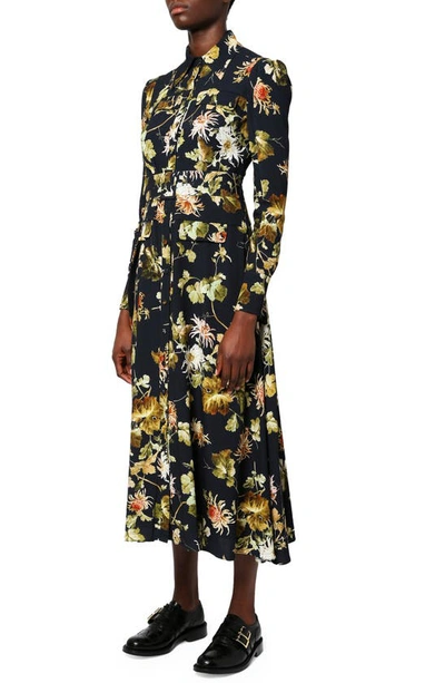 Shop Erdem Uriel Agar Vine Floral Print Belted Long Sleeve Crepe Midi Dress In Navy