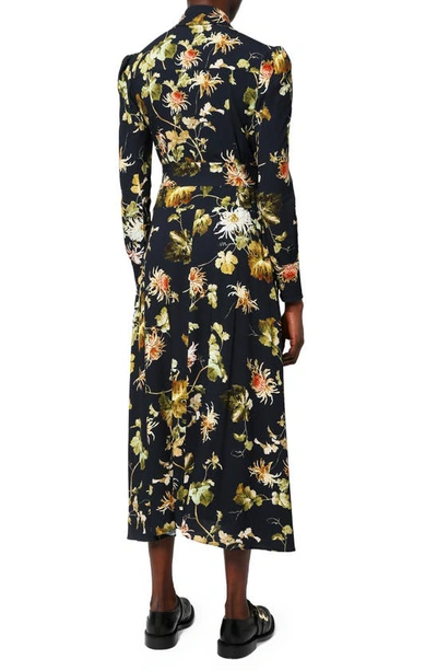 Shop Erdem Uriel Agar Vine Floral Print Belted Long Sleeve Crepe Midi Dress In Navy