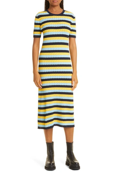 Shop Jason Wu Stripe Short Sleeve Sweater Dress In Navy/ Yellow/ Harbor Blue