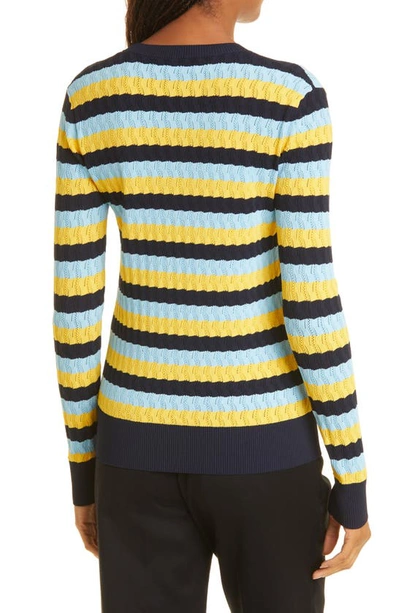 Shop Jason Wu Stripe Pointelle Crewneck Sweater In Navy/ Yellow/ Harbor Blue