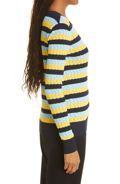 Shop Jason Wu Stripe Pointelle Crewneck Sweater In Navy/ Yellow/ Harbor Blue
