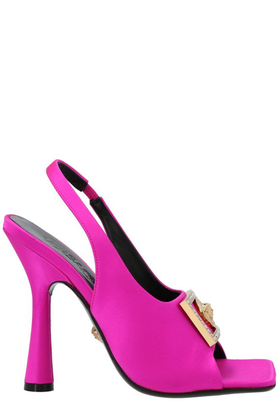 Shop Versace Medusa Plaque Slingback Sandals In Pink