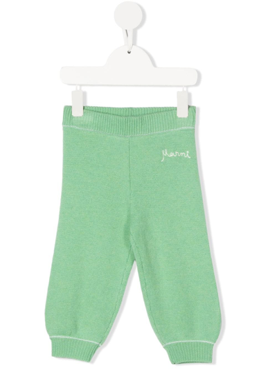 Shop Marni Logo Embroidered Knit Trousers In Green