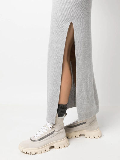 Brunello Cucinelli Ribbed-knit Side-slit Skirt In Grey