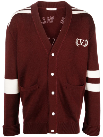 Shop Valentino Logo-embroidered Virgin-wool Cardigan In Red