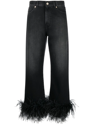 Shop Valentino Feather-trim Straight-leg Jeans In Black