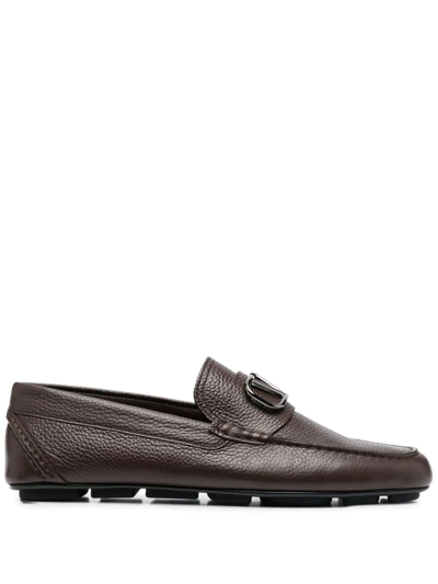 Shop Valentino Vlogo Signature Leather Driving Shoes In Brown