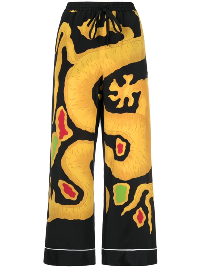 Shop Valentino Dragon-print Cropped Silk Trousers In Black