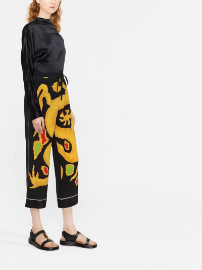 Shop Valentino Dragon-print Cropped Silk Trousers In Black