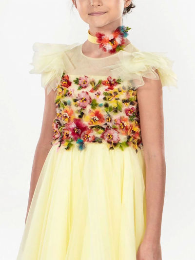 Shop Marchesa Couture Floral-embroidered Long Tulle Dress In Yellow