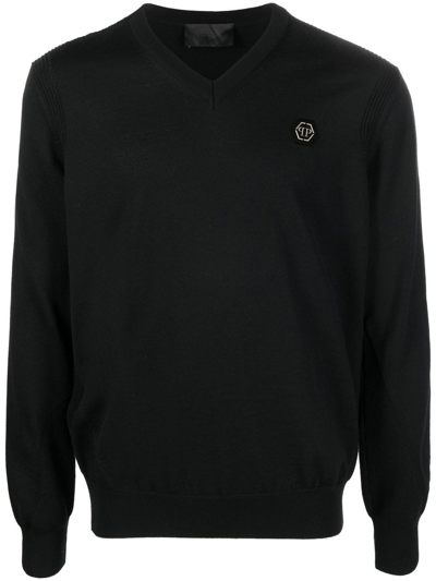 Shop Philipp Plein Logo-patch V-neck Sweater In Black