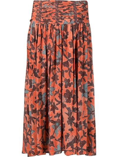 Shop Ulla Johnson Amaia Floral-print Midi Skirt In Orange