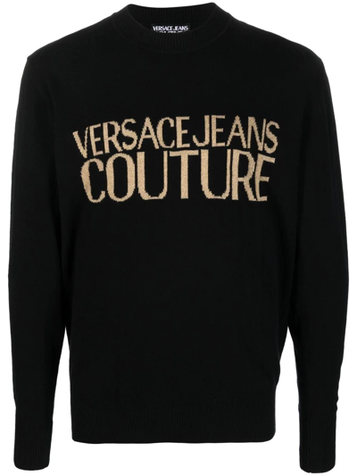 Shop Versace Jeans Couture Crew Neck Knitted Logo Sweater In Black