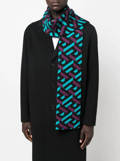 Shop Versace Intarsia-pattern Wool Scarf In Blue