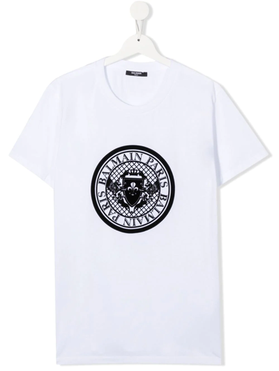 Shop Balmain Teen Logo-print Cotton T-shirt In White