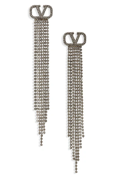 Shop Valentino Vlogo Crystal Fringe Earrings In Black